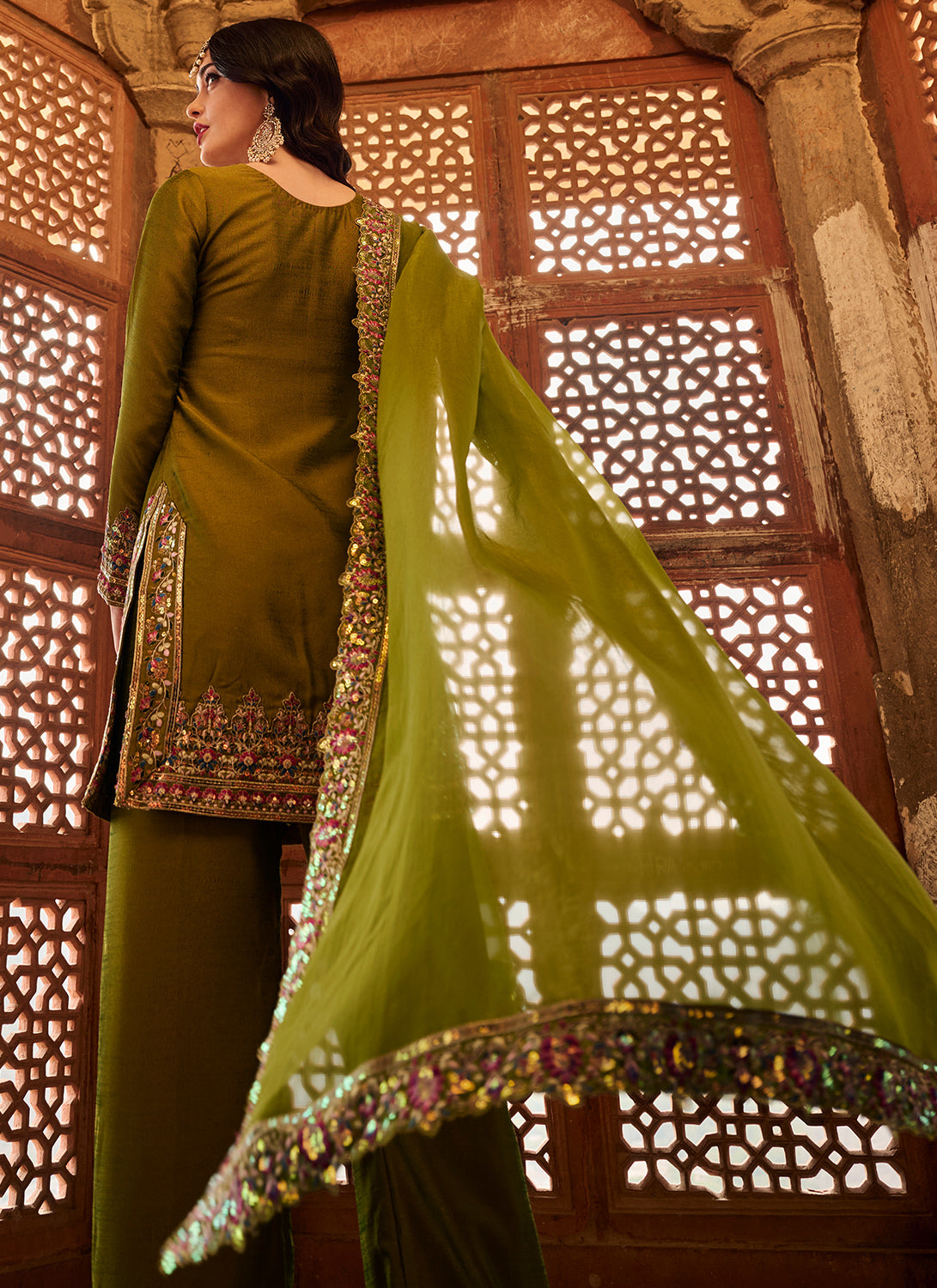 Green Embroidered Silk Pant Suit