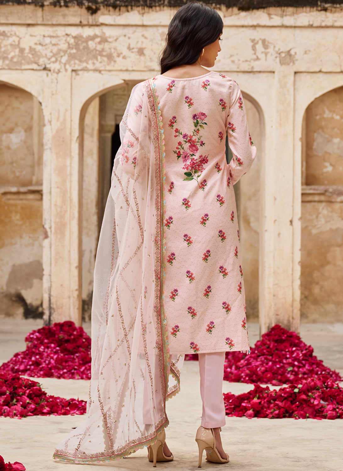 Soft Pink Floral Crepe Straight Suit