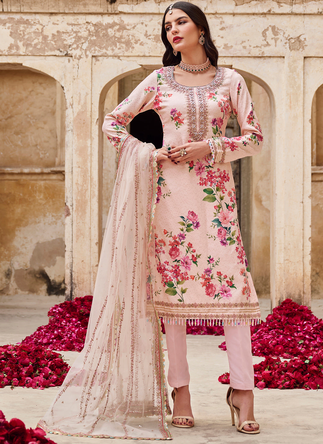 Soft Pink Floral Crepe Straight Suit