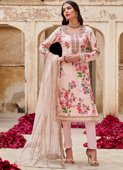 Soft Pink Floral Crepe Straight Suit