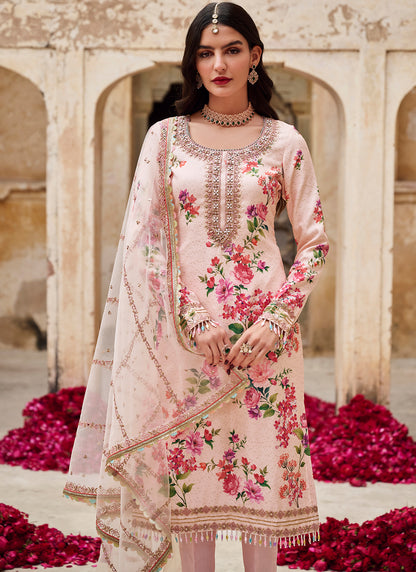 Soft Pink Floral Crepe Straight Suit