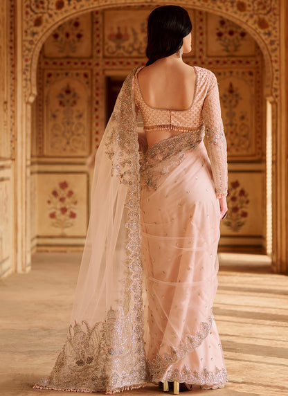 Blush Pink Embroidered Net Saree