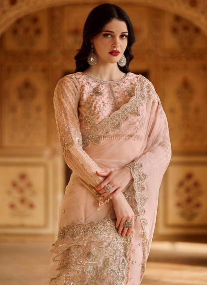 Blush Pink Embroidered Net Saree