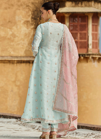 Sky Blue and Pink Embroidered Anarkali