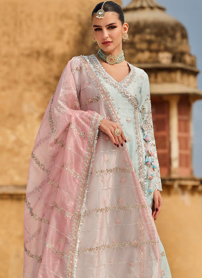 Sky Blue and Pink Embroidered Anarkali