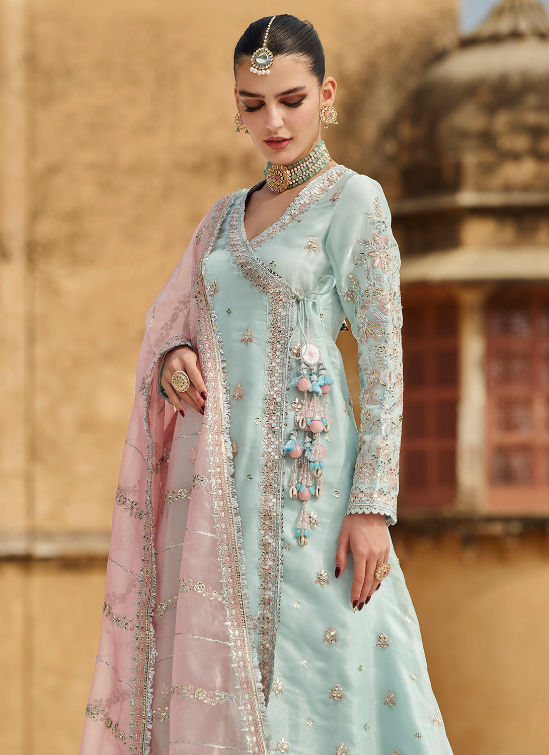 Sky Blue and Pink Embroidered Anarkali