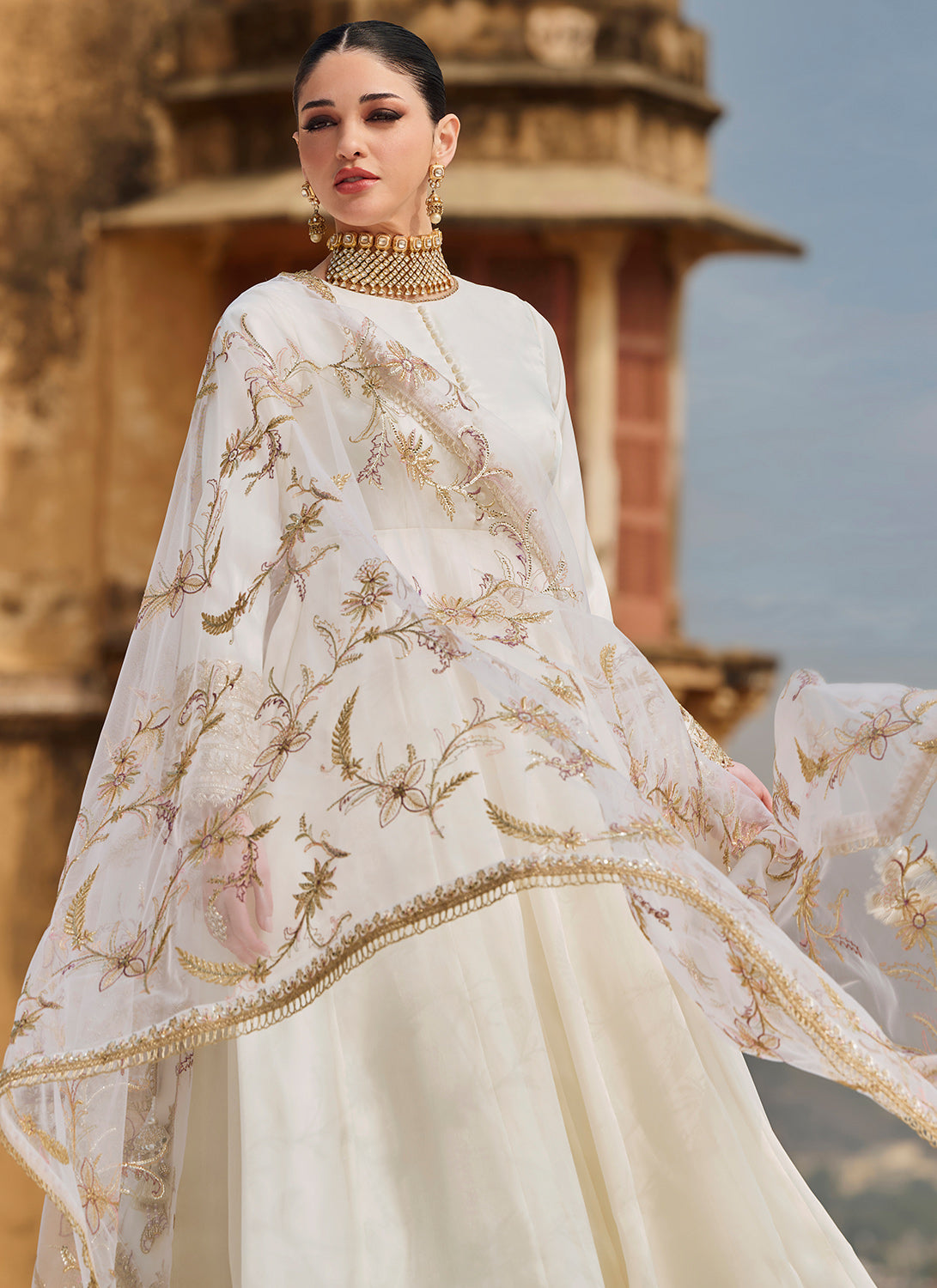 White Embroidered Organza Anarkali