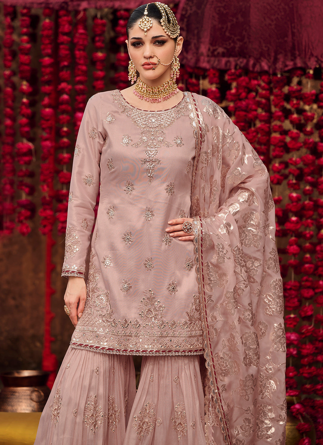 Dusty Pink and Gold Embroidered Gharara Suit