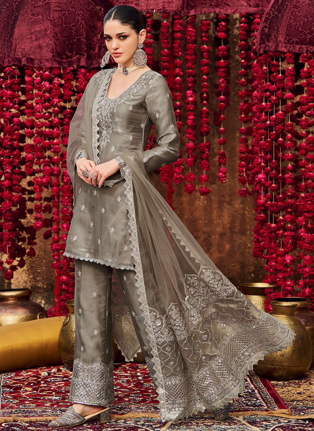 Grey Embroidered Organza Straight Suit