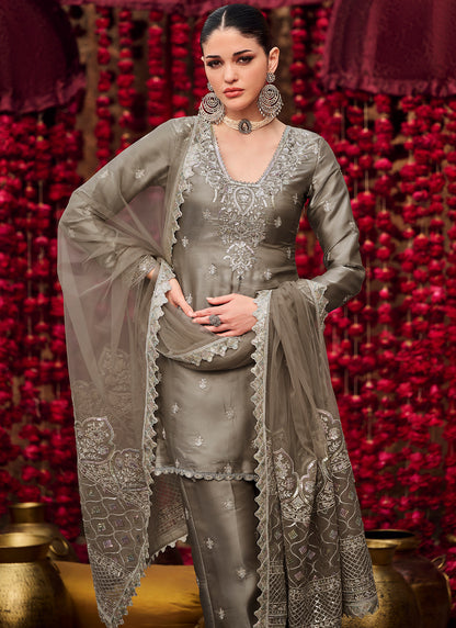 Grey Embroidered Organza Straight Suit