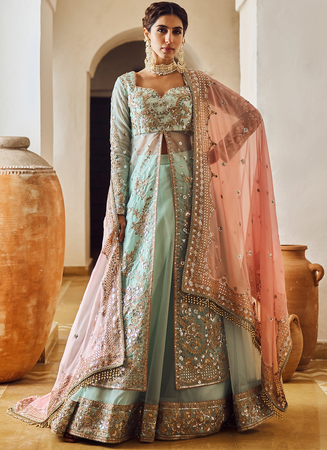 Fusion Anarkali Lehenga for Wedding-Madhubani-Tussar Silk-Pastel Sage –  Dharang