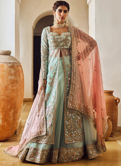 Mint Embroidered Anarkali Style Lehenga