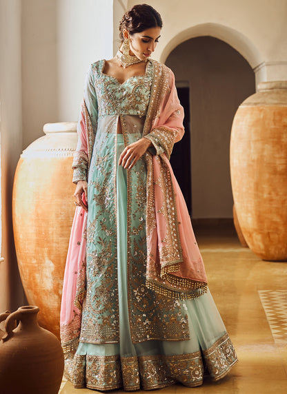 Mint Embroidered Anarkali Style Lehenga