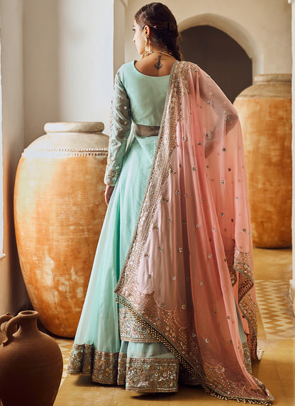 Mint Embroidered Anarkali Style Lehenga