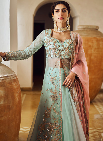 Mint Embroidered Anarkali Style Lehenga