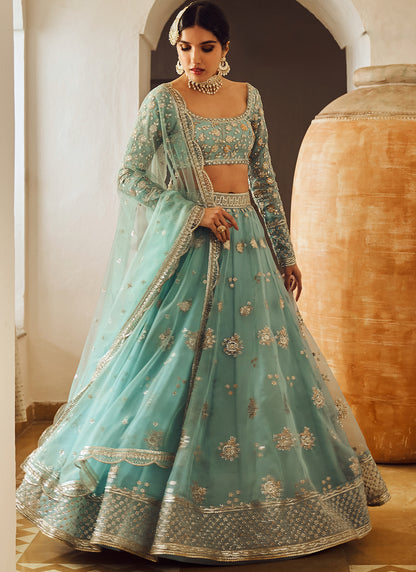 Dusty Blue Embroidered Lehenga – Lashkaraa