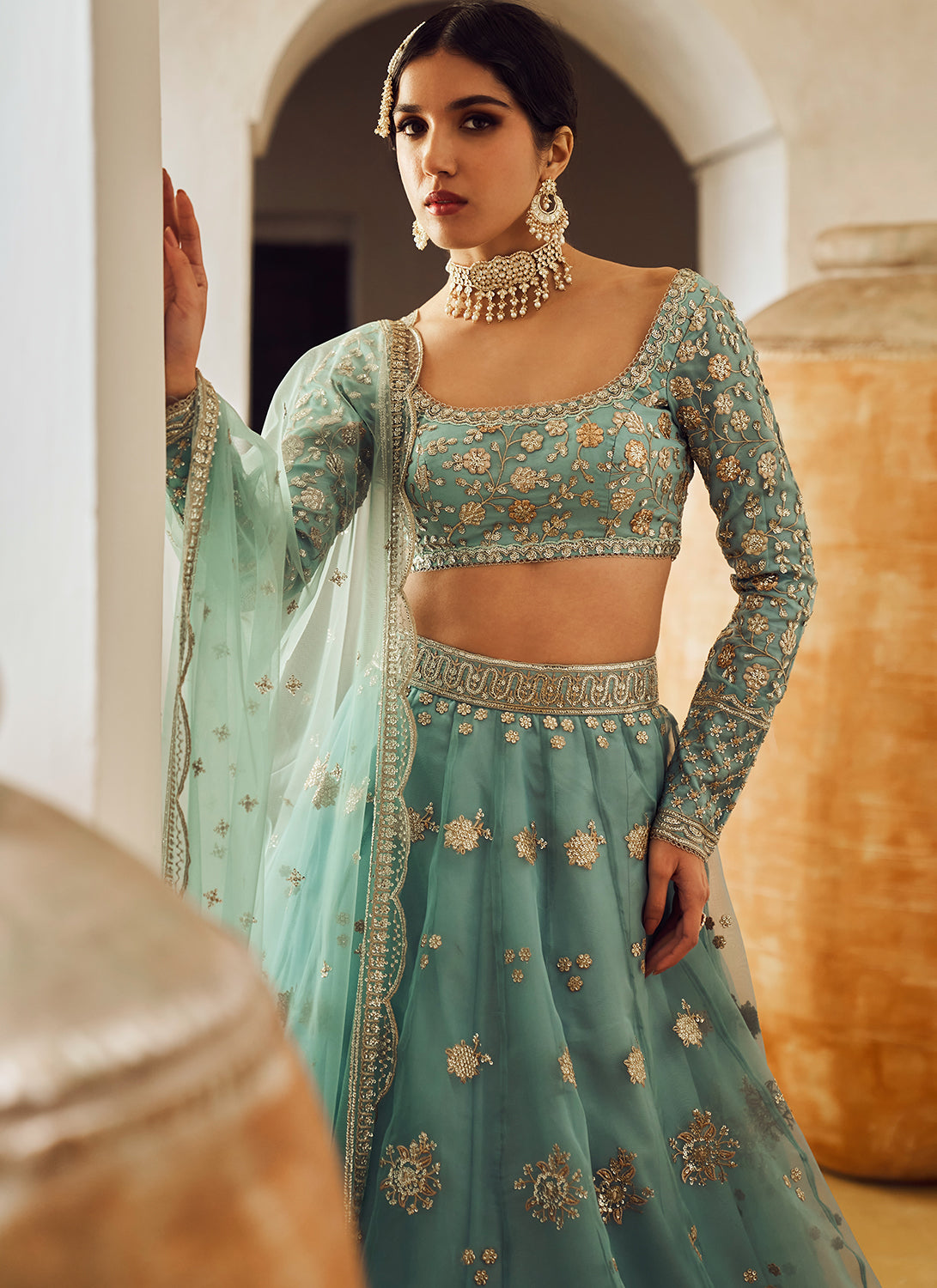 Shop Customary Mint Green and Navy Blue A - Line Lehenga Online