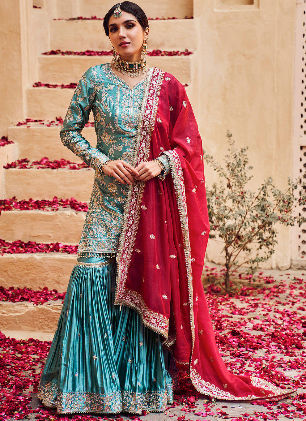 Turquoise and Pink Embroidered Gharara Suit – Lashkaraa