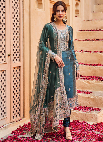 Deep Sea Green Embroidered Straight Suit – Lashkaraa