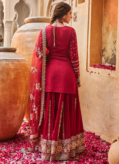 Maroon Embroidered Sharara Suit