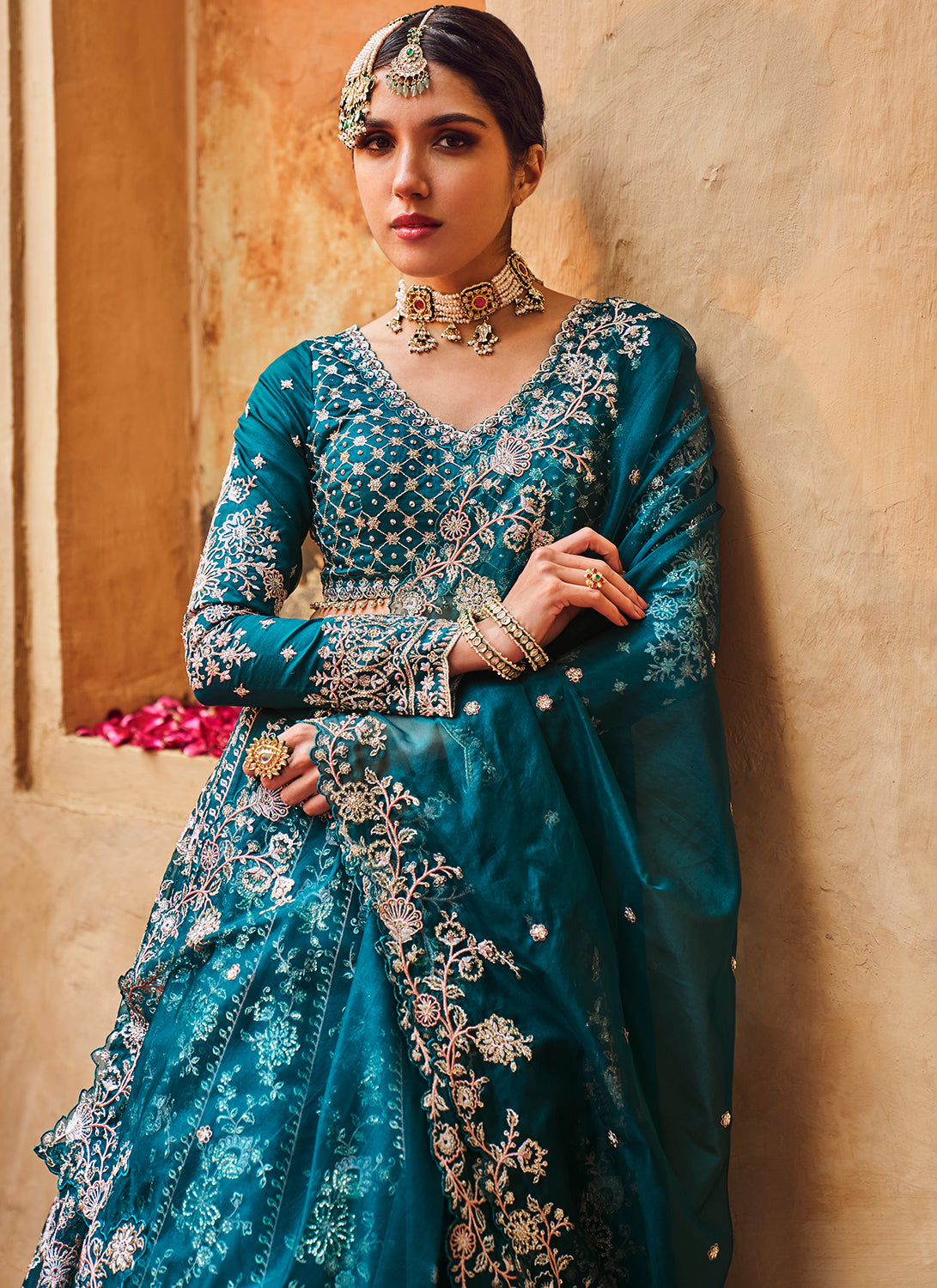 Turquoise Designer Embroidered Lehenga Choli In Satin Fabric With Alluring  Blouse
