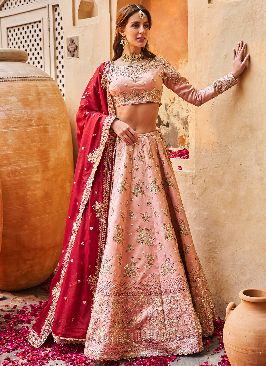 Heavily Embellished Golden Red Lehenga Choli Bridal Wear