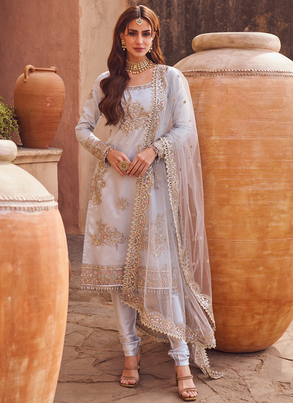 Light Dusty Bluish Grey Embroidered Straight Suit