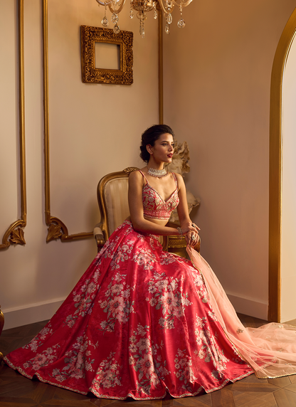 Red Floral Printed Lehenga