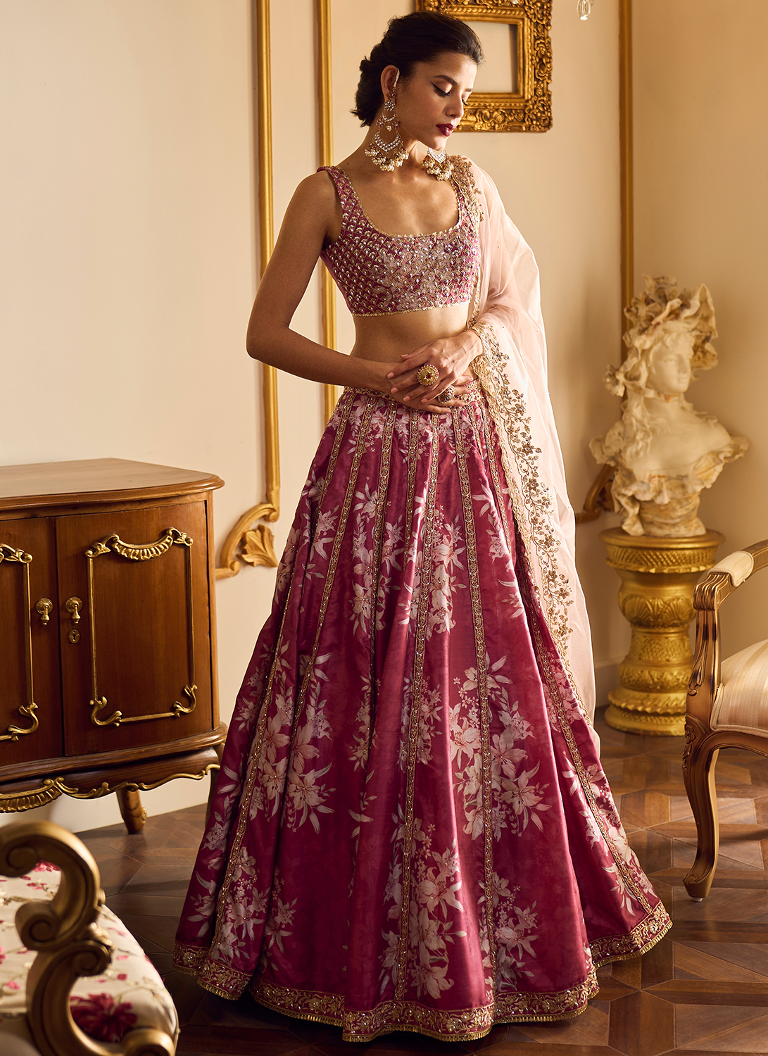 Maroon Floral Printed Lehenga – Lashkaraa