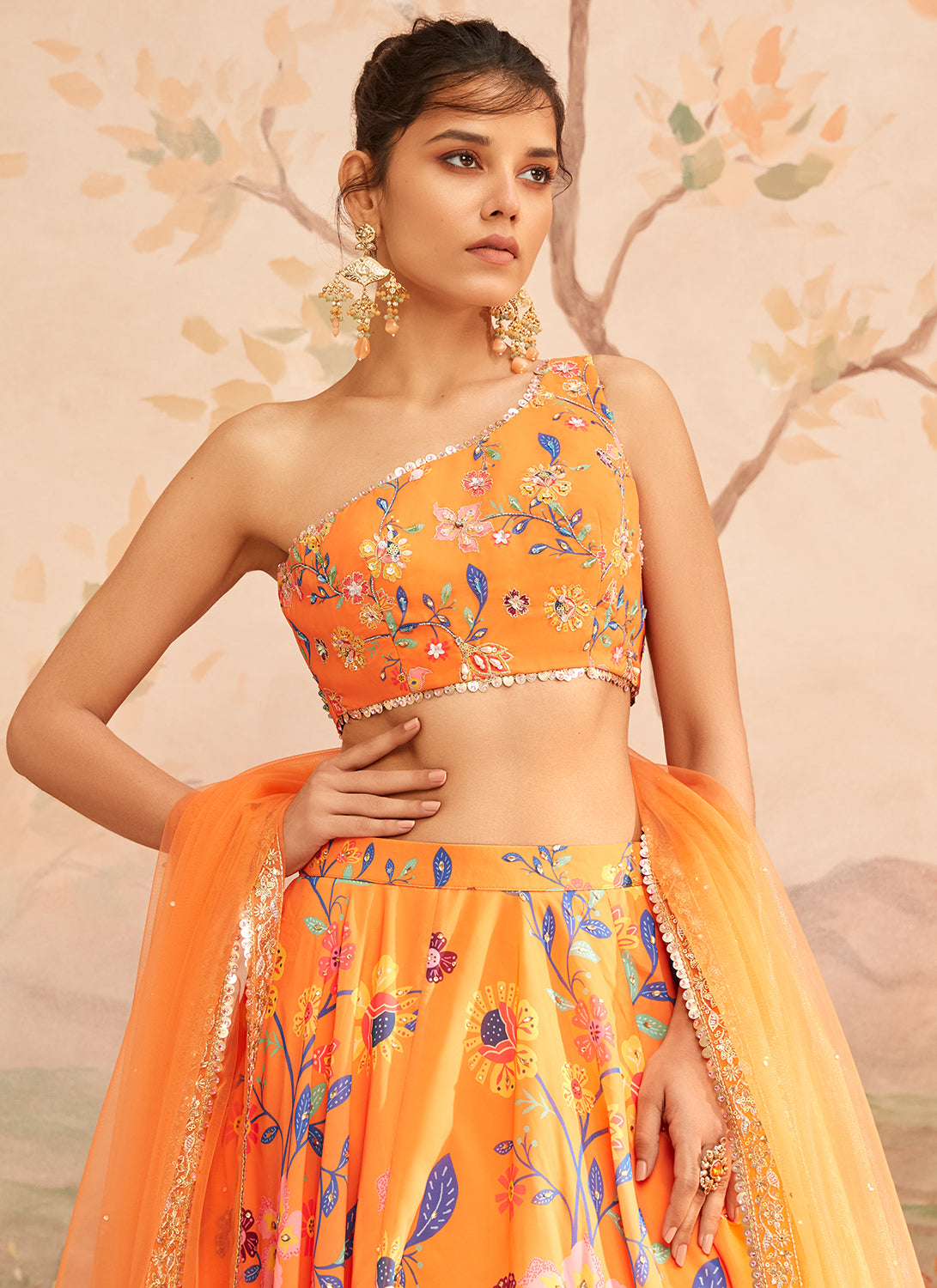 Buy Orange Blouse And Lehenga Tanisha Floral Placement Bridal Set For Women  by Sheetal Batra Online at Aza Fashions.