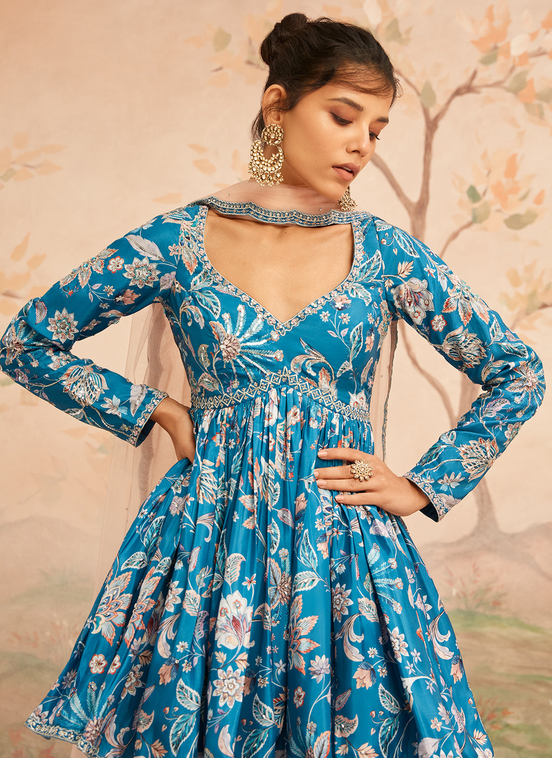 Teal Blue Floral Printed Gharara Suit – Lashkaraa