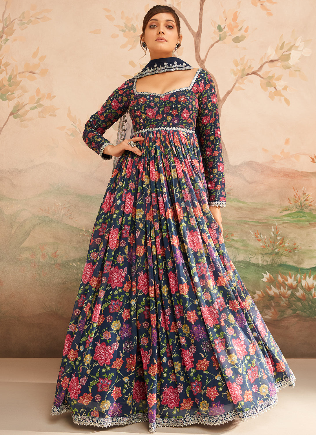 Navy Blue Floral Printed Anarkali Lashkaraa