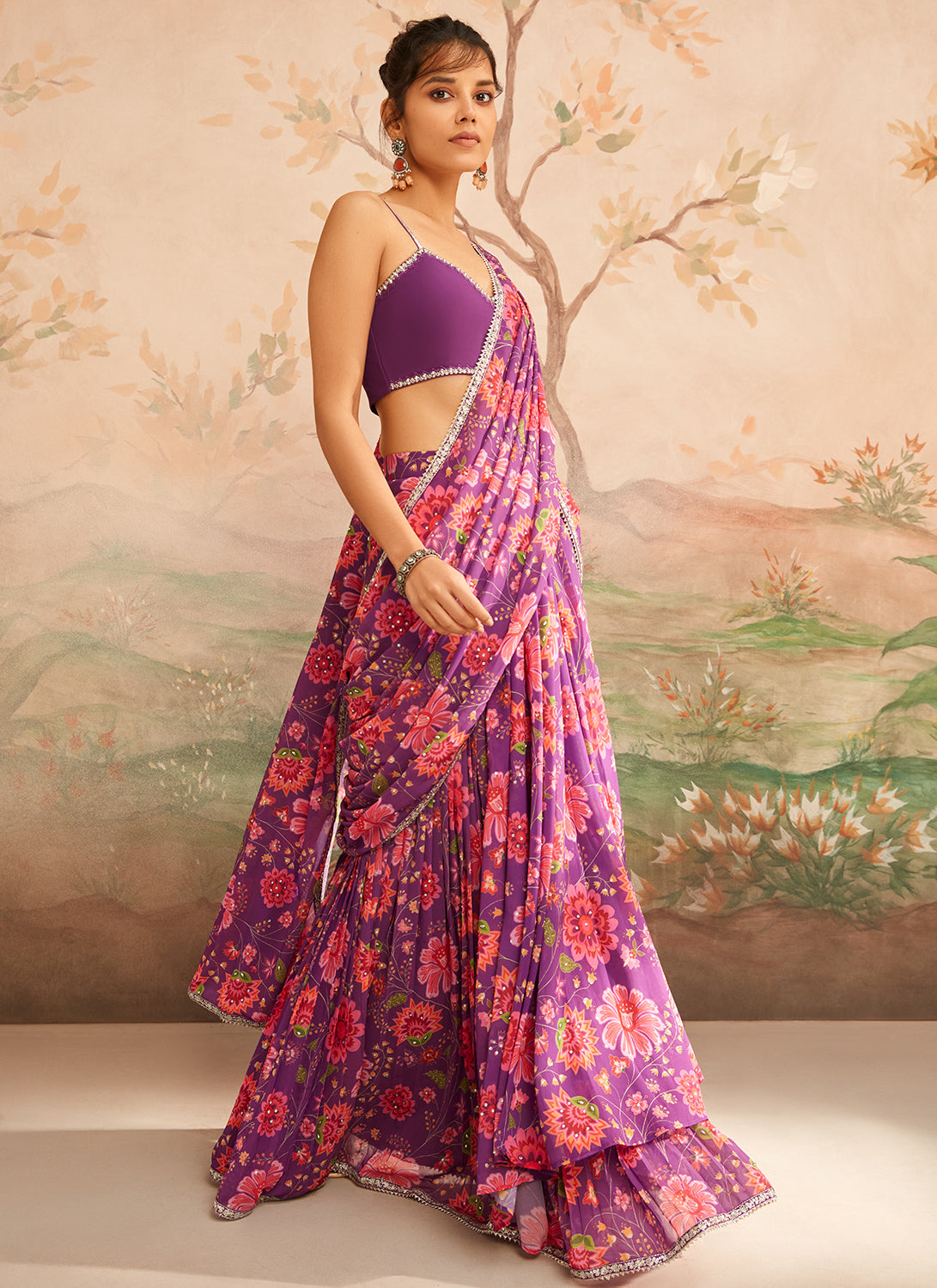 Shop Powder Pink Floral Print Georgette Sari Online in USA |Zari Border –  Pure Elegance