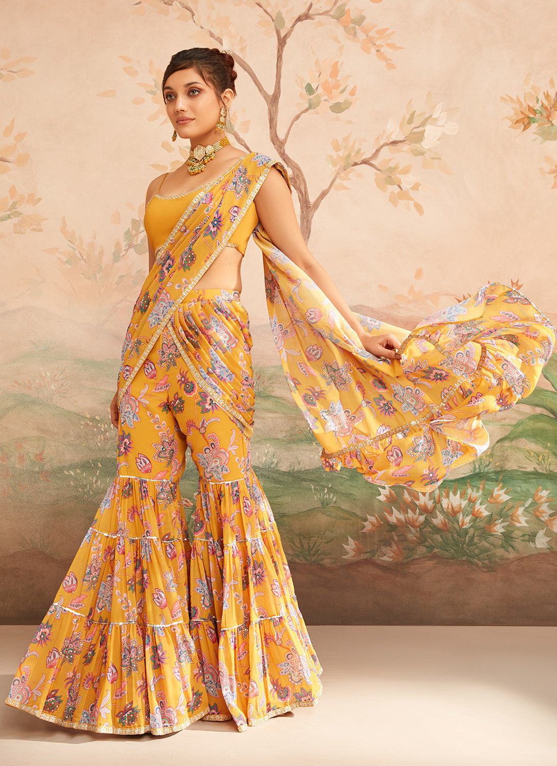 Yellow Floral Pure Linen Saree - ANJU SHANKAR LABEL