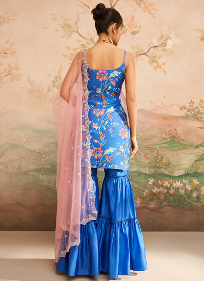 Blue and Pink Floral Printed Sharara Suit