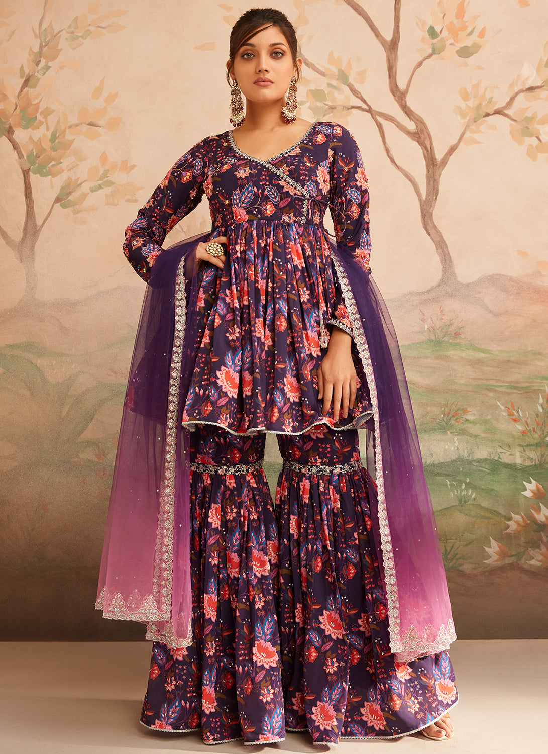 Dark Purple Floral Printed Gharara Suit – Lashkaraa