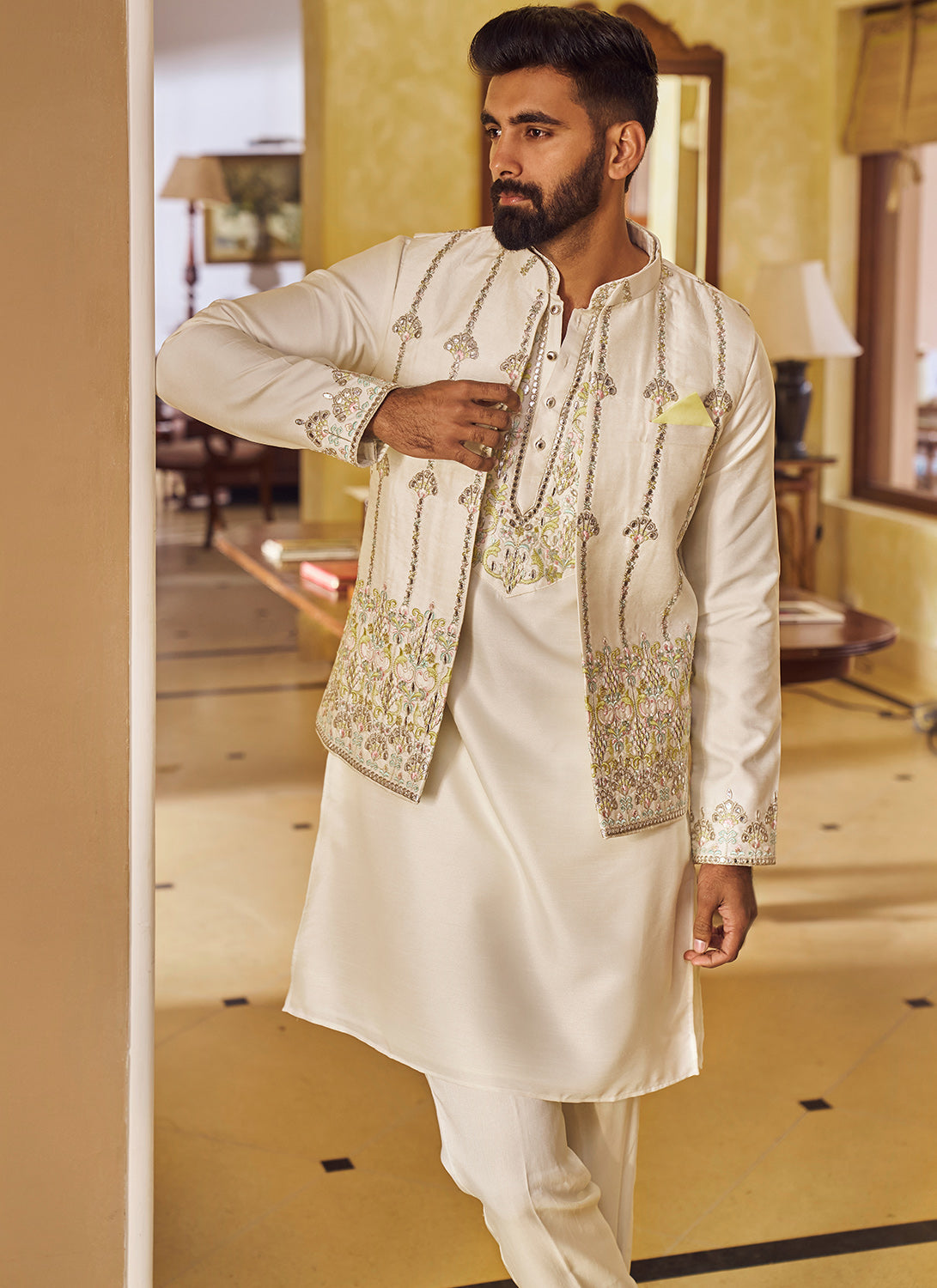 Dark Gold Embroidered Jacket Styled Sherwani Set – Devyom Sherwani Store