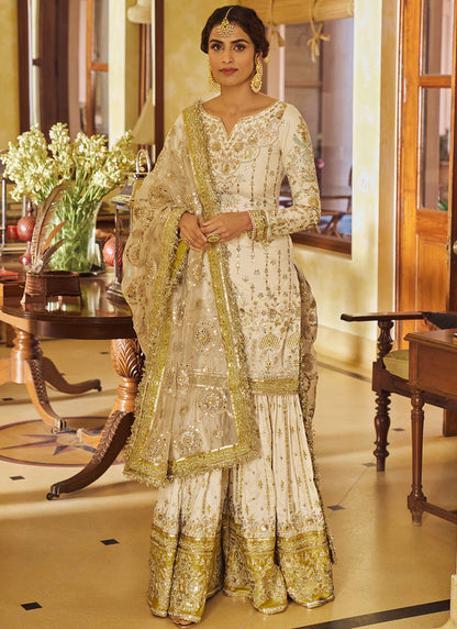 Cream and Gold Embroidered Gharara