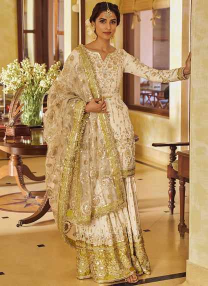 Cream and Gold Embroidered Gharara