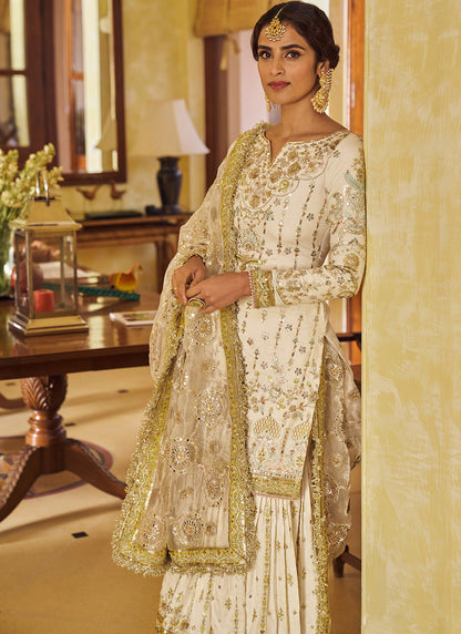 Cream and Gold Embroidered Gharara