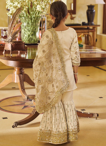 Kids Cream and Gold Embroidered Gharara