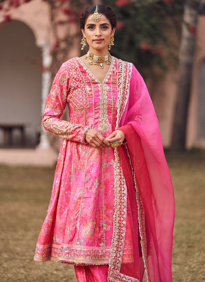 Hot Pink Embroidered Peplum Style Punjabi Suit