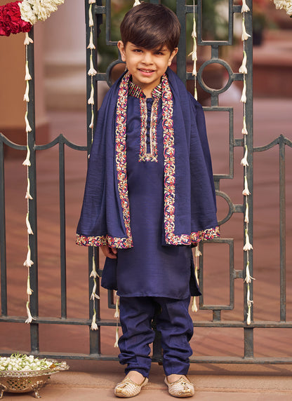 Kids Navy Blue Embroidered Kurta Set