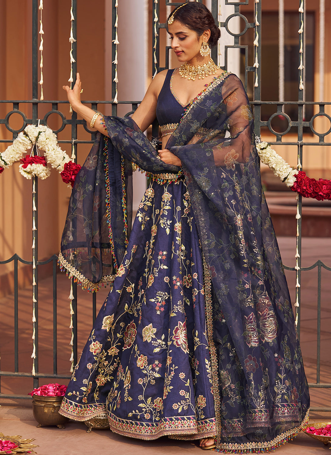 Beautiful Navy Blue Bridal Wear Embroidered Velvet Lehenga C