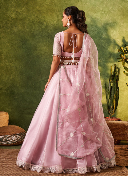 Light Mauve Embroidered Organza Lehenga