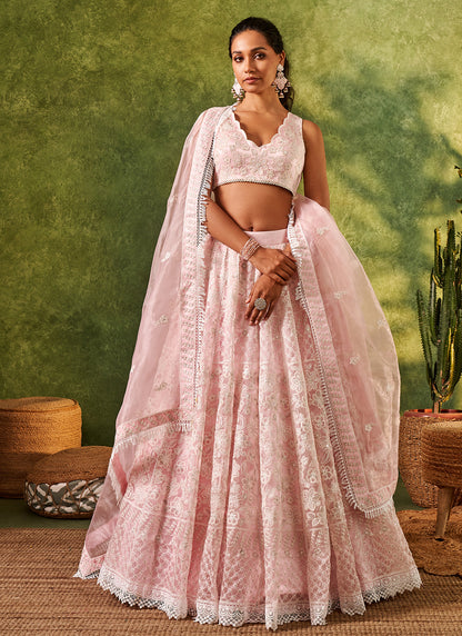 Light Pink Embroidered Organza Lehenga