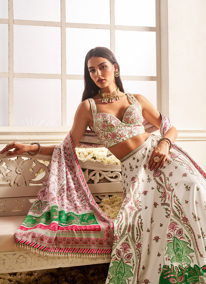 White Multicolor Floral Printed Lehenga