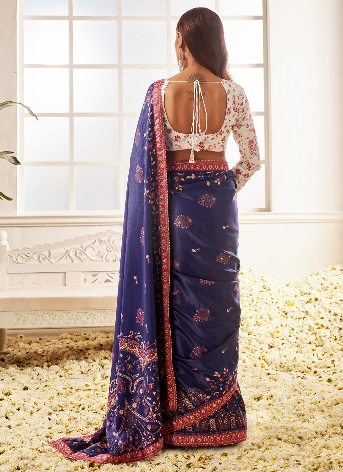 Blissful blue with white printed design all over the saree with small zari  border chanderi silk saree – Meshira