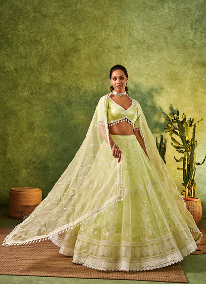 Light Green Embroidered Organza Lehenga