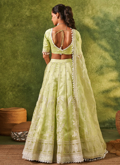 Light Green Embroidered Organza Lehenga